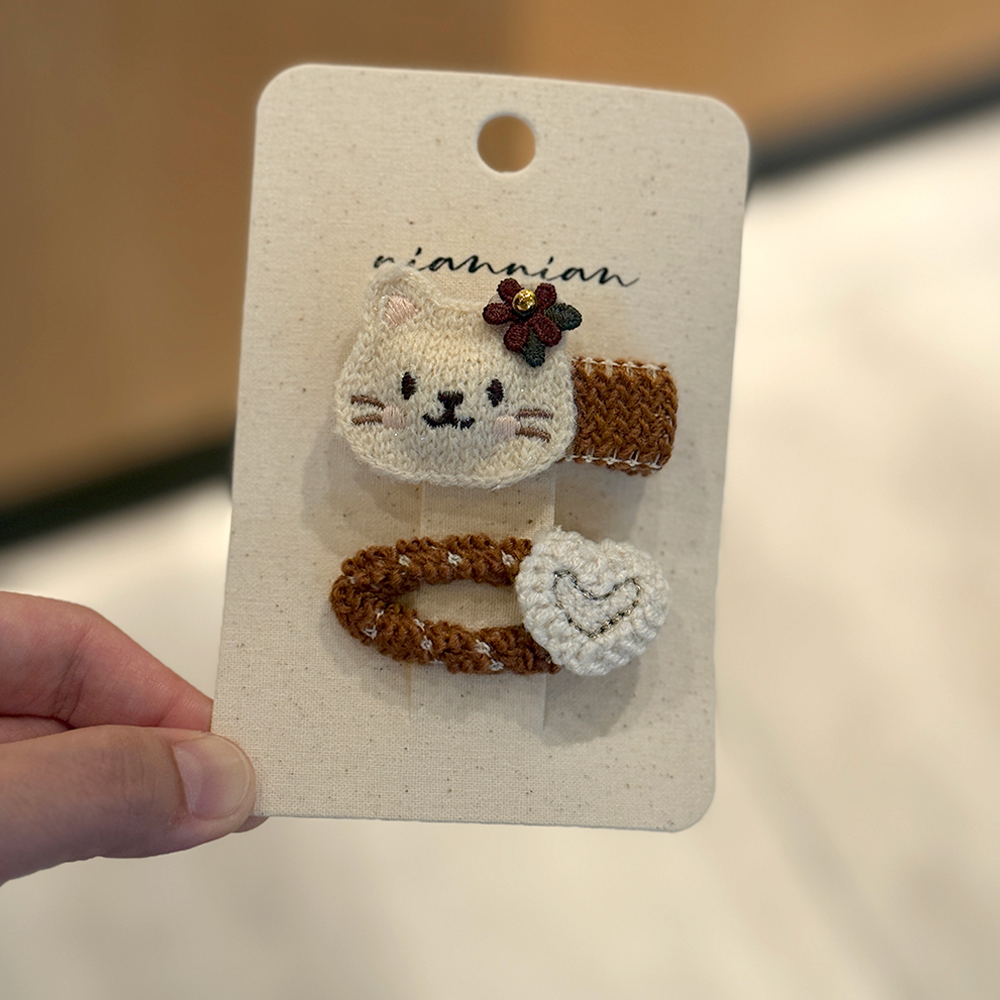 niannian念念儿童韩系秋冬针织爱心发夹卡通小猫发饰花朵发卡边夹