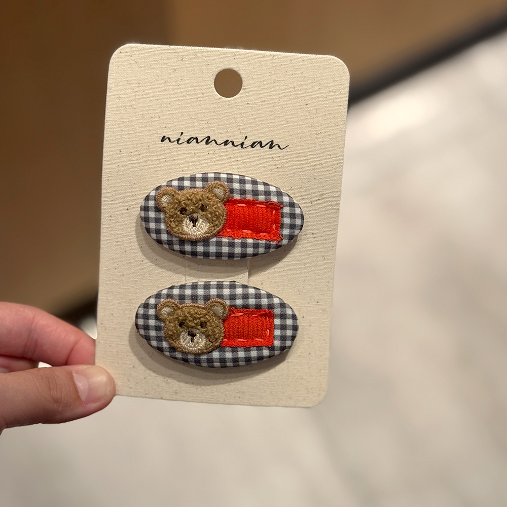 niannian念念儿童韩系小众布艺发夹小熊格纹碎发bb夹女童刘海对夹