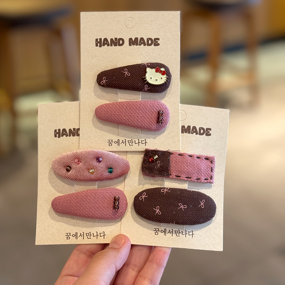 韩系粉咖色手作可爱猫咪布艺发夹儿童蝴蝶结宝宝BB边夹侧边刘海夹