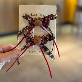 复古植绒小兔碎花飘带红色蝴蝶结发夹女孩马尾扎辫子发卡儿童对夹