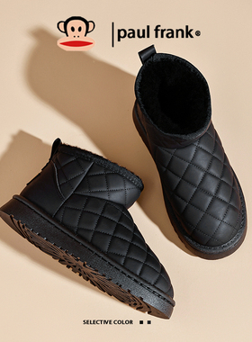 大嘴猴女鞋黑色菱格纹雪地靴女2025年冬季加绒加厚保暖厚底棉鞋子