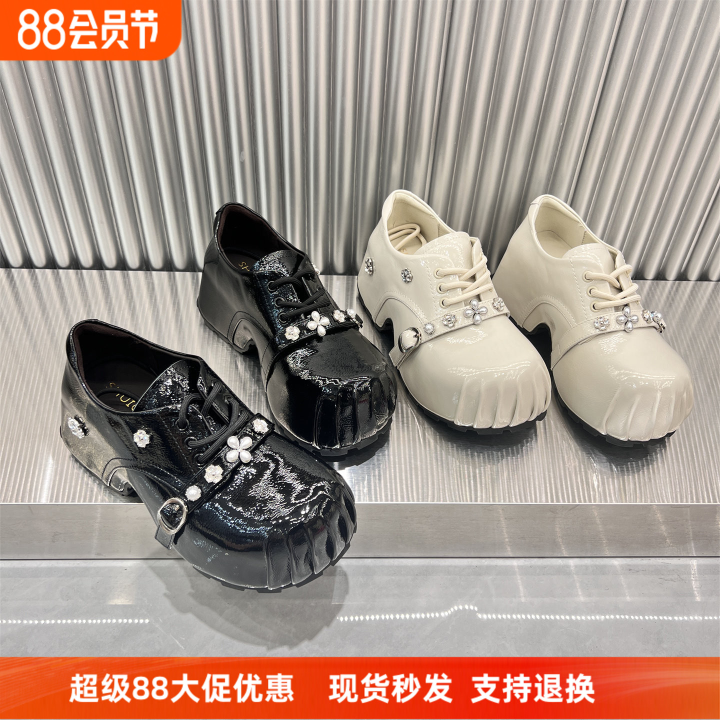 欧洲站真皮圆头皮带扣漆皮乐福鞋