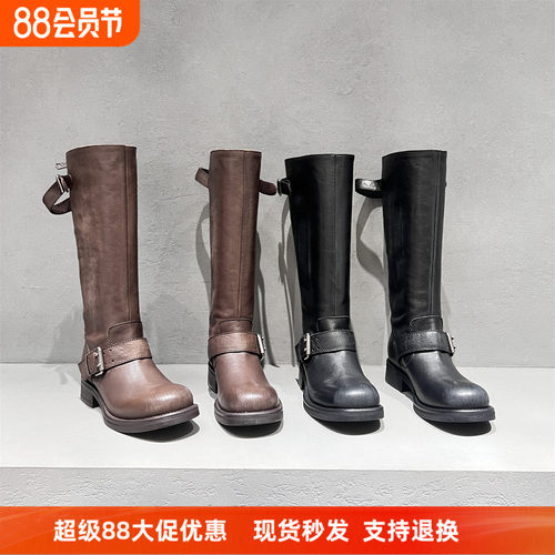 先峰名典真皮后拉链高筒靴骑士靴