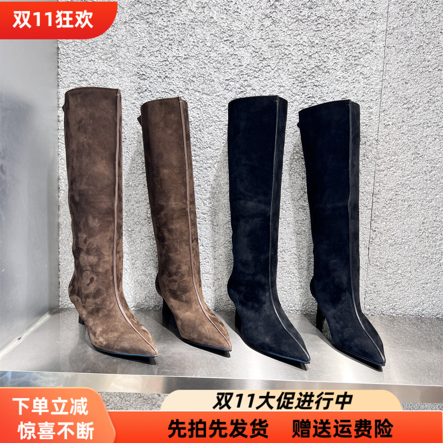 乐魔欧洲站真皮尖头高跟高筒靴潮