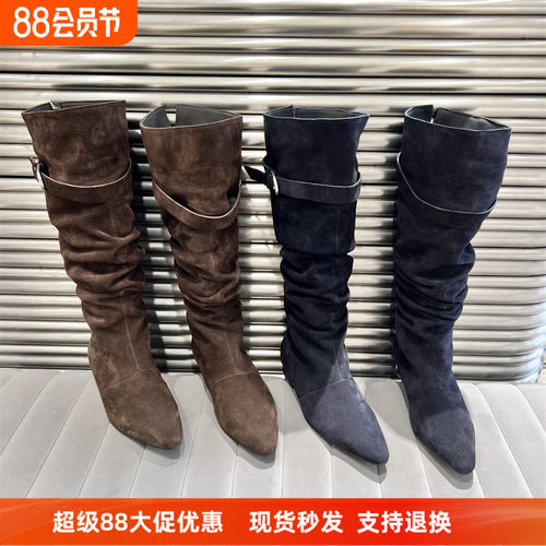 乐魔真皮尖头增高骑士靴堆堆长靴