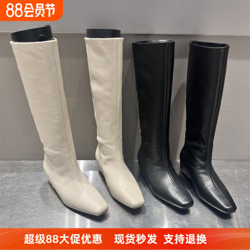 欧洲站真皮方头内增高骑士高筒靴