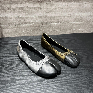 欧洲站女鞋2026春新款真皮分趾一脚蹬浅口单鞋平底蝴蝶结猪蹄鞋潮