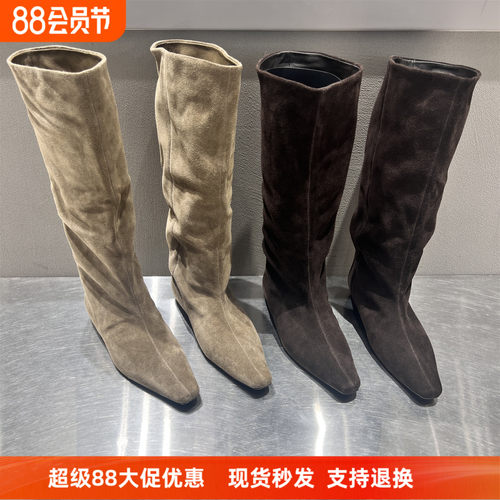 欧洲站磨砂皮尖头套筒高筒堆堆靴