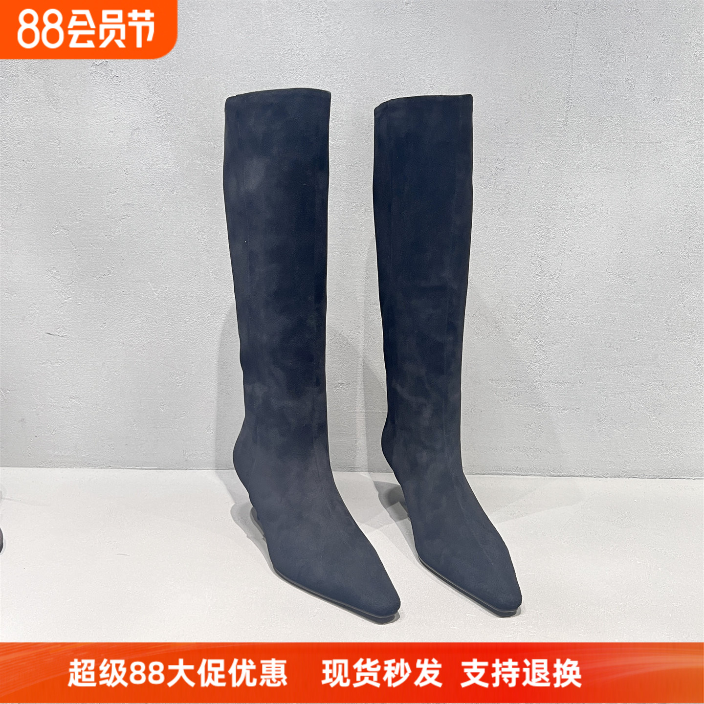 先锋名典真皮磨砂尖头细跟高筒靴