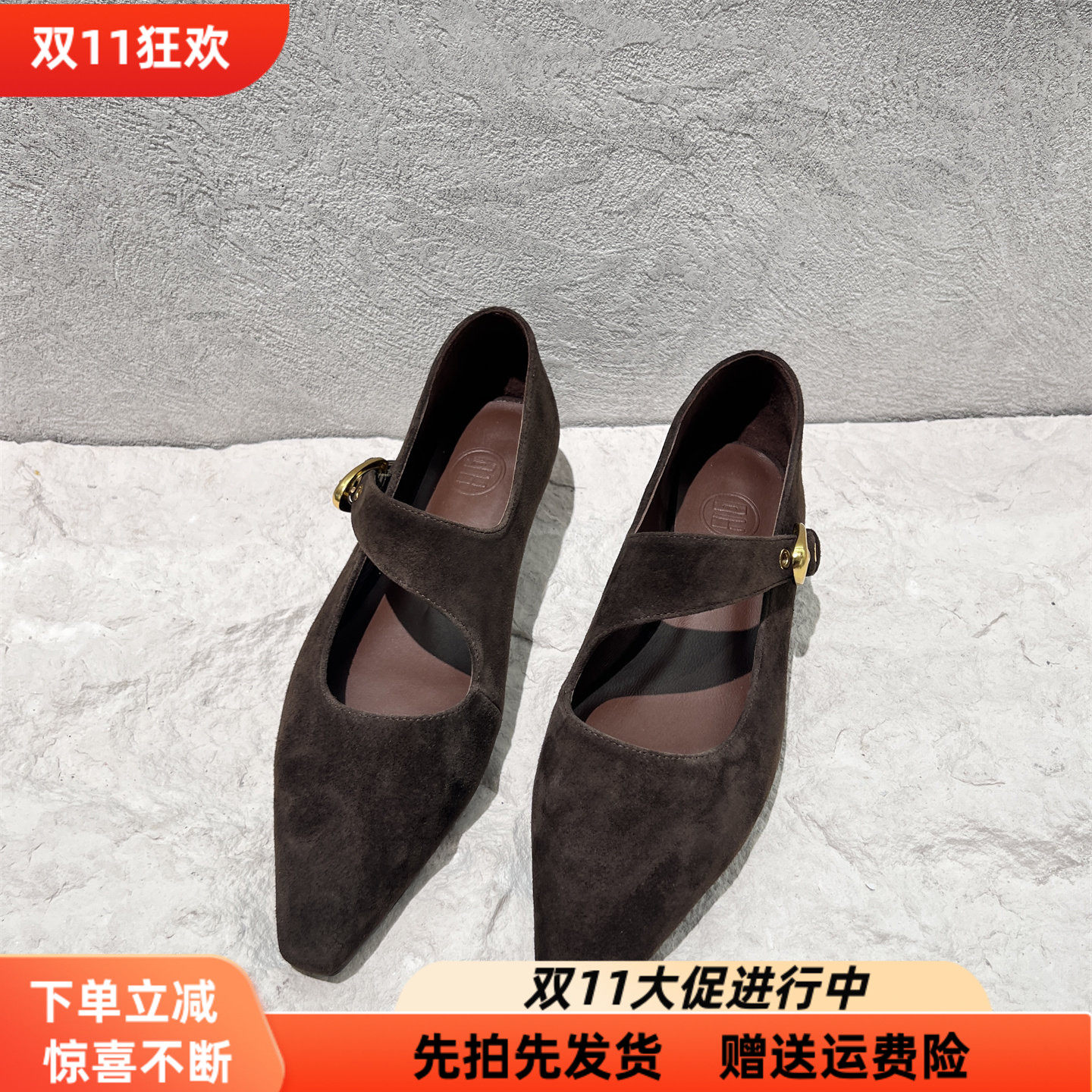 欧货磨砂真皮方头一字扣玛丽珍鞋