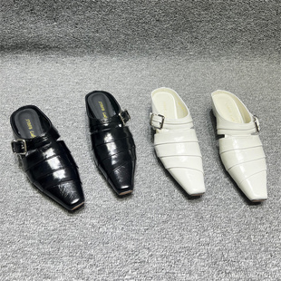 欧洲站女鞋2026春夏新款真皮褶皱方头内增高外穿半拖时尚包头拖鞋