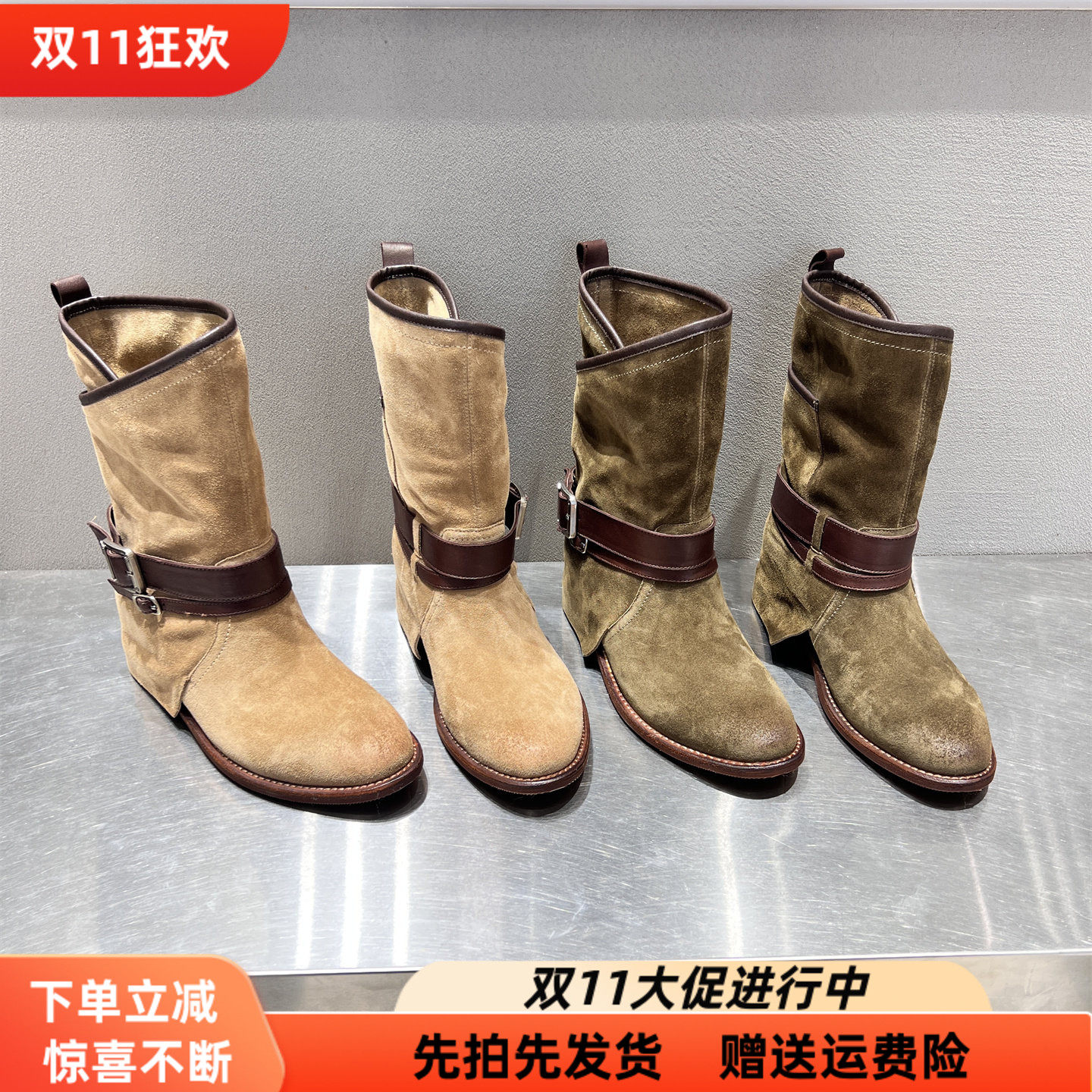 欧洲站真皮圆头粗跟套筒马丁靴潮