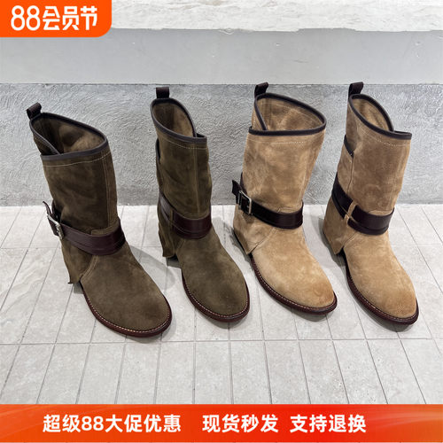 欧洲站真皮圆头皮带扣套筒马丁靴
