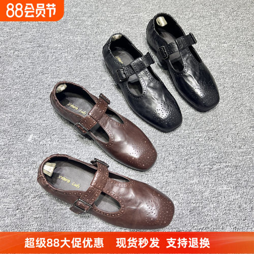 欧货真皮一字扣平底玛丽珍鞋女