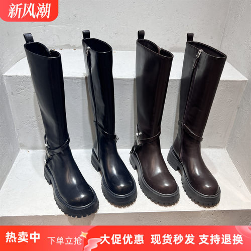 乐魔真皮侧拉链粗跟厚底骑士靴女