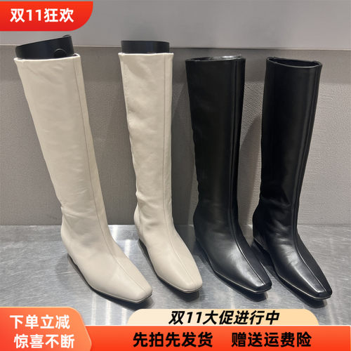 欧洲站真皮方头内增高骑士高筒靴