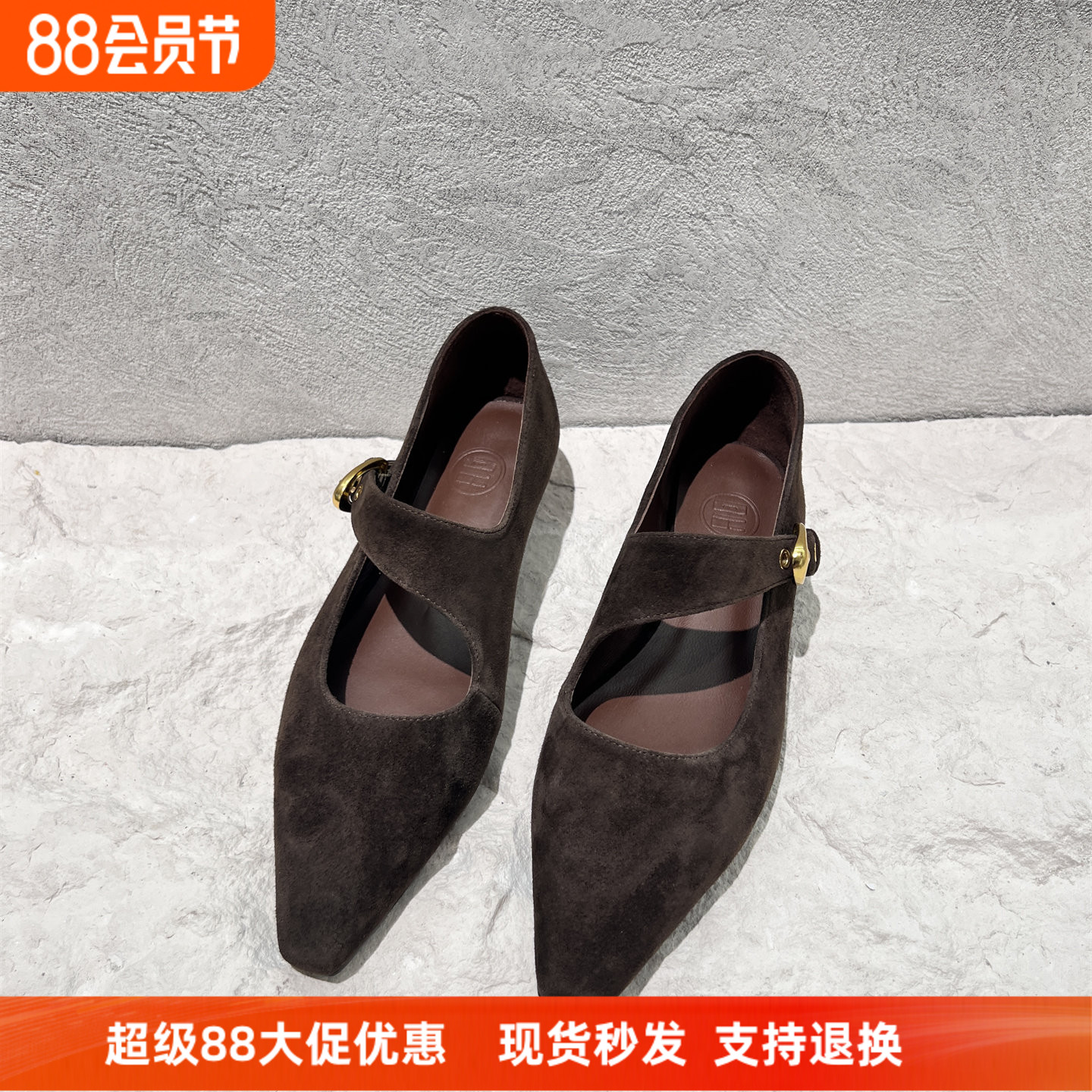 欧货磨砂真皮方头一字扣玛丽珍鞋
