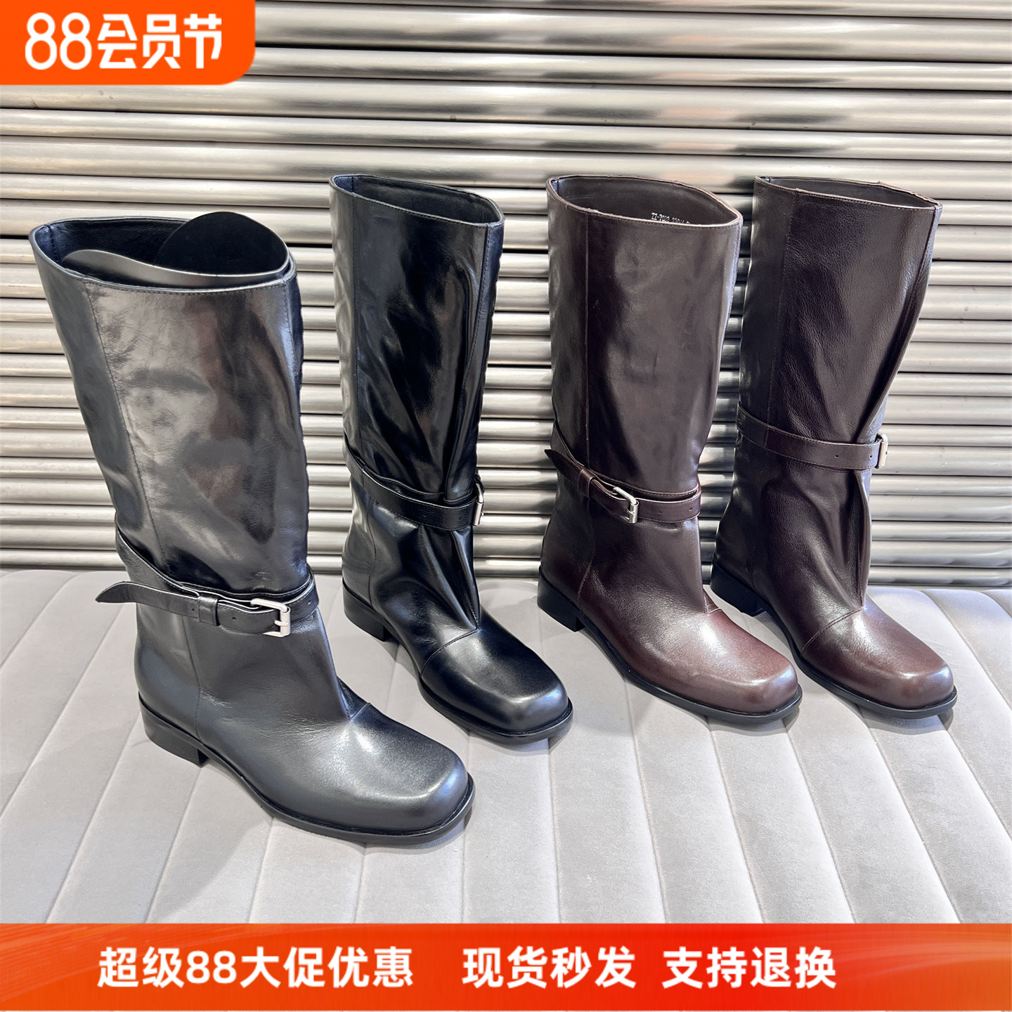 乐魔真皮套筒粗跟皮带扣骑士靴女