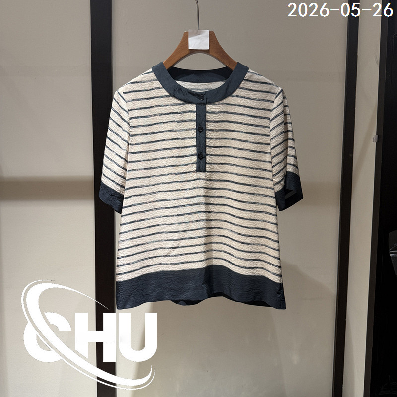 欧洲站2026夏季新款半开扣圆领撞色条纹真丝短袖T恤女上衣26407