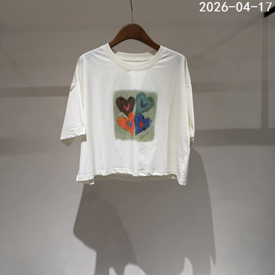 欧洲站2026夏季新款时尚百搭爱心印花钉珠宽松短袖T恤短款上26416