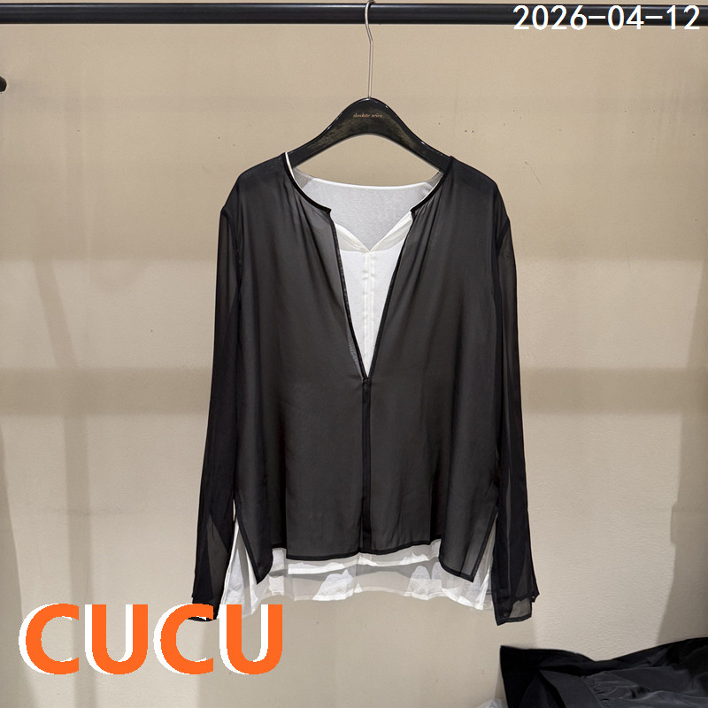 欧洲站2026夏季新款法式极简V领透视桑蚕丝假两件长袖衬衫女0958