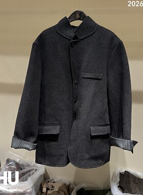 欧洲站纯色拼扣中长款毛呢外套