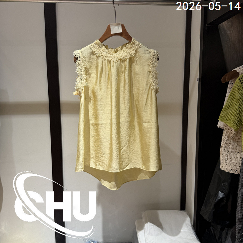 欧洲站2026夏季新款蕾丝领褶皱无袖衬衫女气质通勤套头衬衣83758