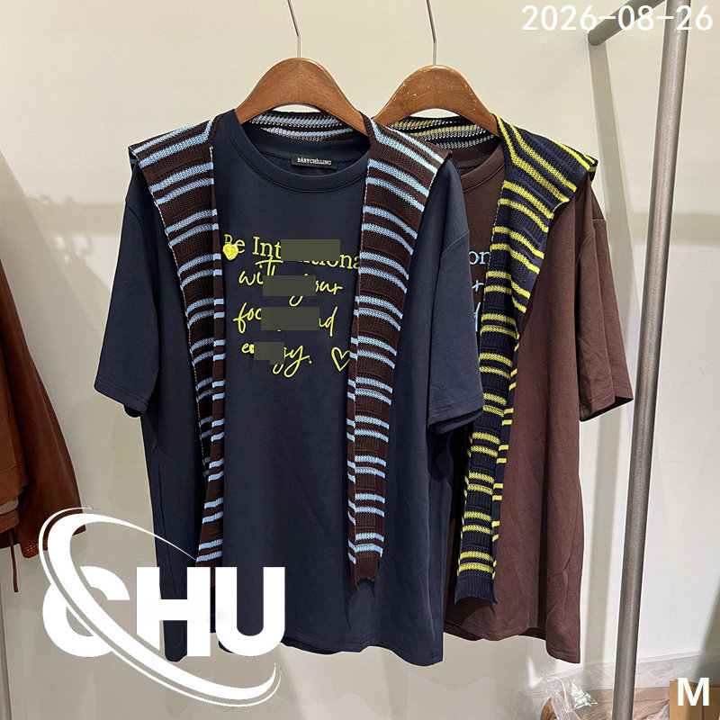 欧洲站2026早秋新款条纹针织披肩印花撞色短袖宽松简约纯棉T恤