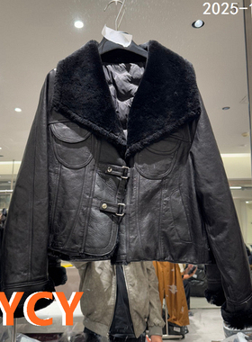 欧洲站2025秋冬新时尚百搭翻领加绒拼接皮毛一体皮衣外套女25366