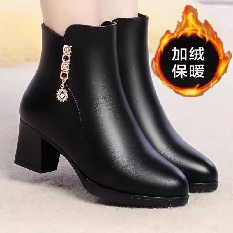品牌真皮妈妈短靴女粗跟软底冬季加绒保暖皮鞋中年人中跟防滑棉靴,女鞋,时装靴,淘宝优惠券,粉丝福利购,淘宝优惠卷