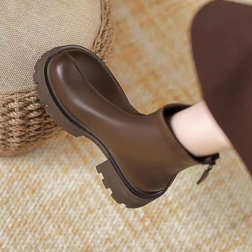 红青蜓真皮短靴女粗跟厚底马丁靴