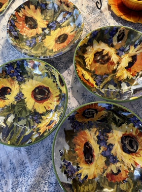 出口美国Sunflower Bouquet 向日葵花束陶瓷9寸深盘意面盘釉下彩