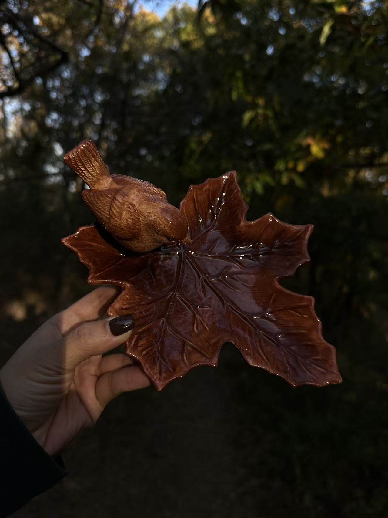 出口原单枫叶小鸟陶瓷手工釉下彩干果糖果水果零食收纳钥匙盘绝美