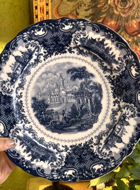 收藏级 高端品牌Roya* Arde* 稀有老货青花10寸花边甜品盘西餐盘