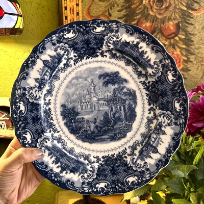 收藏级 高端品牌Roya* Arde* 稀有老货青花10寸花边甜品盘西餐盘