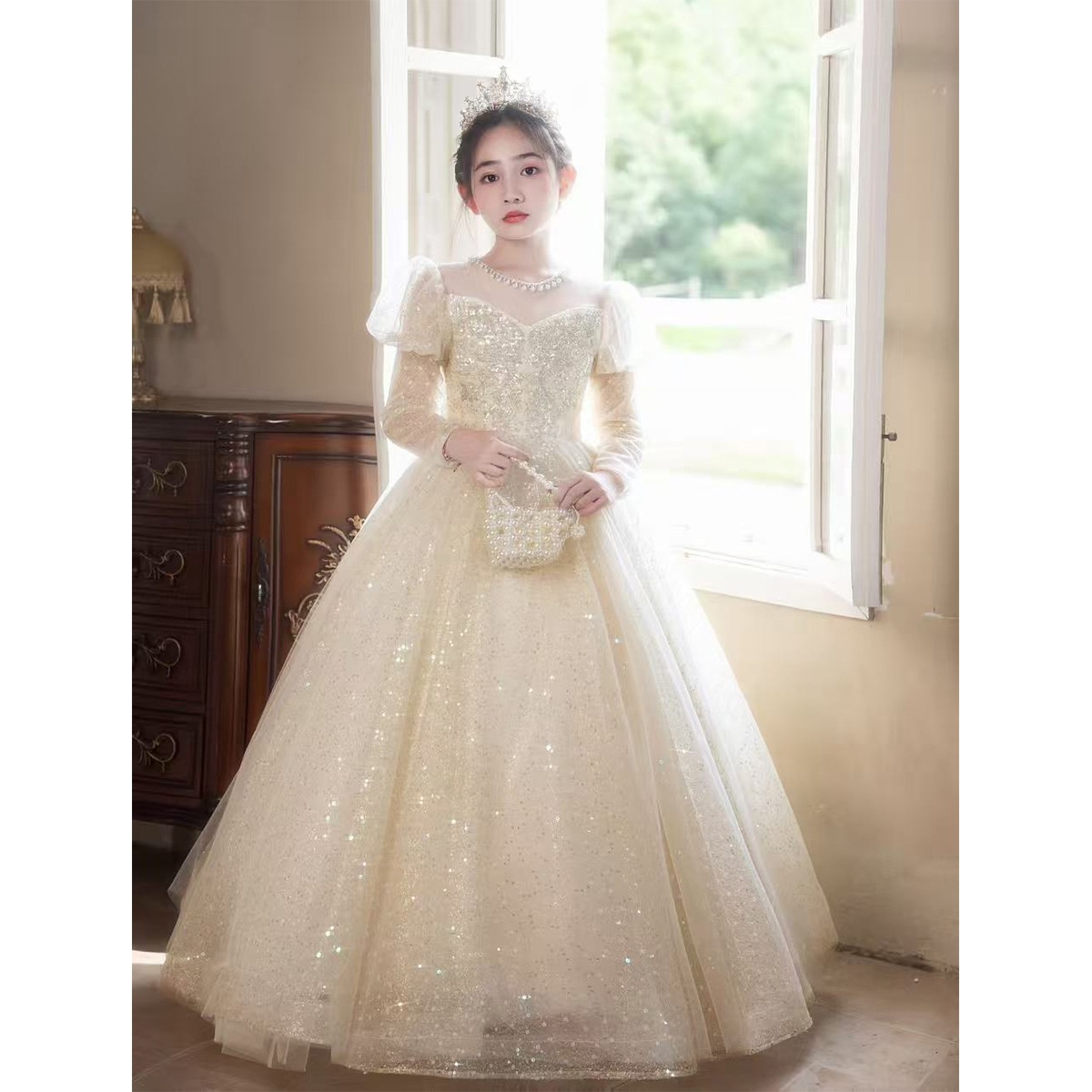 儿童礼服女童主持人花童婚纱小众轻奢女孩钢琴演奏生日公主裙