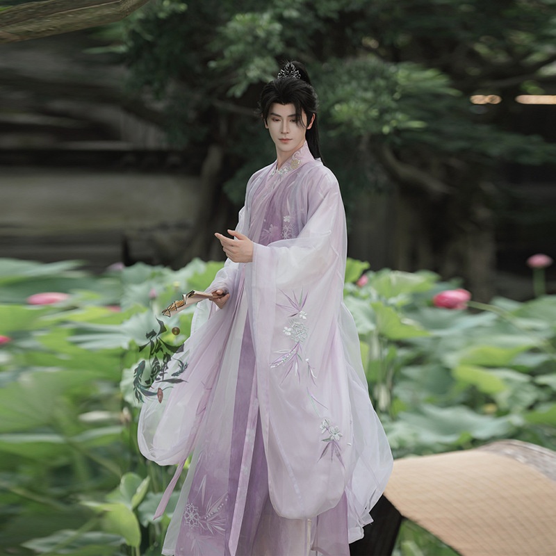 洛竹【闻时】原创汉服男女同款交领长衫刺绣双层飘逸大袖古风绣花