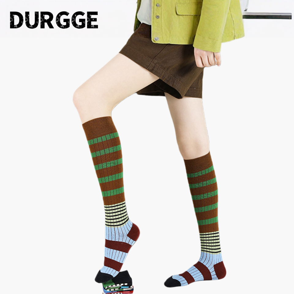 日本durgge渐变色撞色条纹长筒小腿袜ins潮动感秋冬高筒及膝袜子