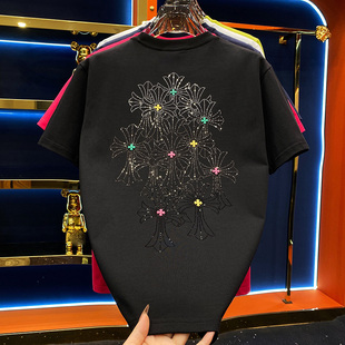 2025冬季厚款T恤宽松时尚圆领男装半袖重磅潮流烫钻十字个性短袖