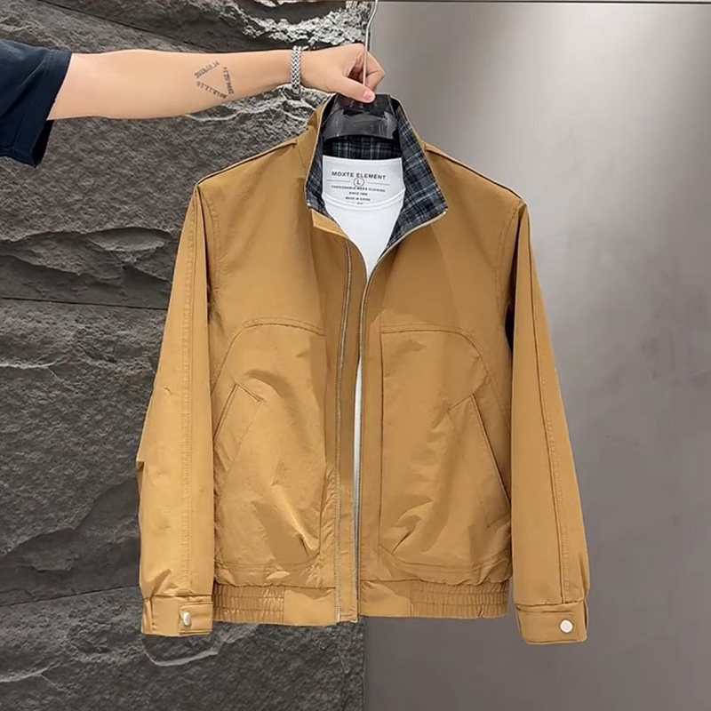 网红格子撞色立领外套2026春季新款时尚高级感上衣潮流帅气夹克男