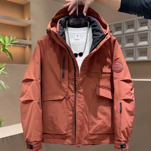 连帽男加厚保暖防寒外套潮牌男装休闲夹克大口袋痞帅工装风羽绒服