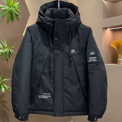 冬季男款加厚保暖机能冲锋衣痞帅防风衣字母拼接工装风连帽羽绒服