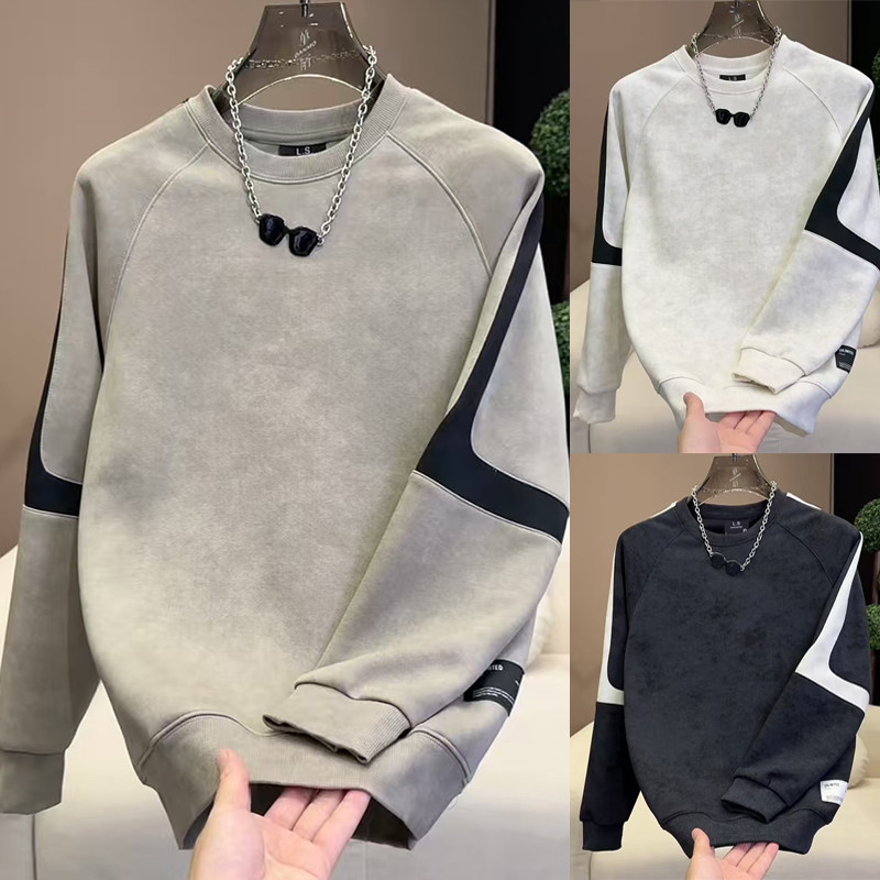 2025拼色高级感美式扎染卫衣潮牌男百搭T恤长袖加绒加厚保暖打底