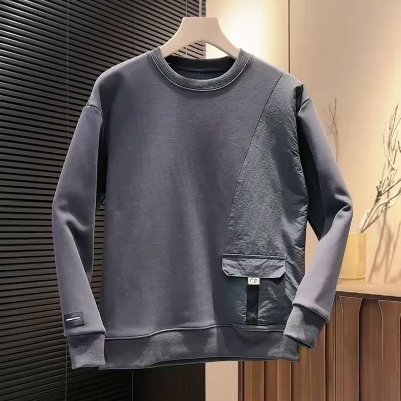 韩版拼接圆领网红加绒T恤衫卫衣设计感男士口袋装饰轻奢打底体恤