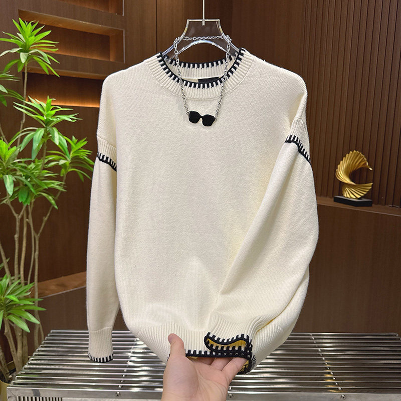 男士宽松圆领高级感轻奢针织打底衫2025秋冬新款潮流简约拼色毛衣