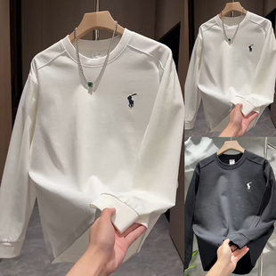 高级感轻奢男士潮流卫衣秋冬长袖打底衫小马刺绣简约百搭体恤上衣