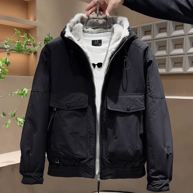 拼接痞帅冬季双面穿大口袋工装夹克爆款潮牌高级感毛毛连帽棉服男