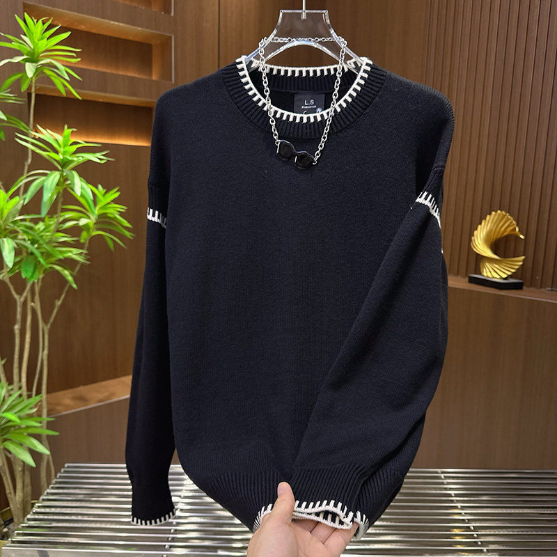 男士宽松圆领高级感轻奢针织打底衫2025秋冬新款潮流简约拼色毛衣