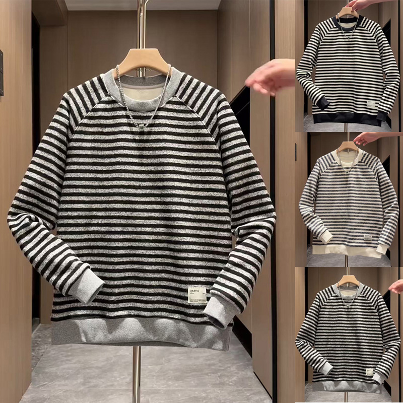 秋冬韩版条纹男士百搭个性卫衣2025网红爆款时尚潮流长袖圆领打底