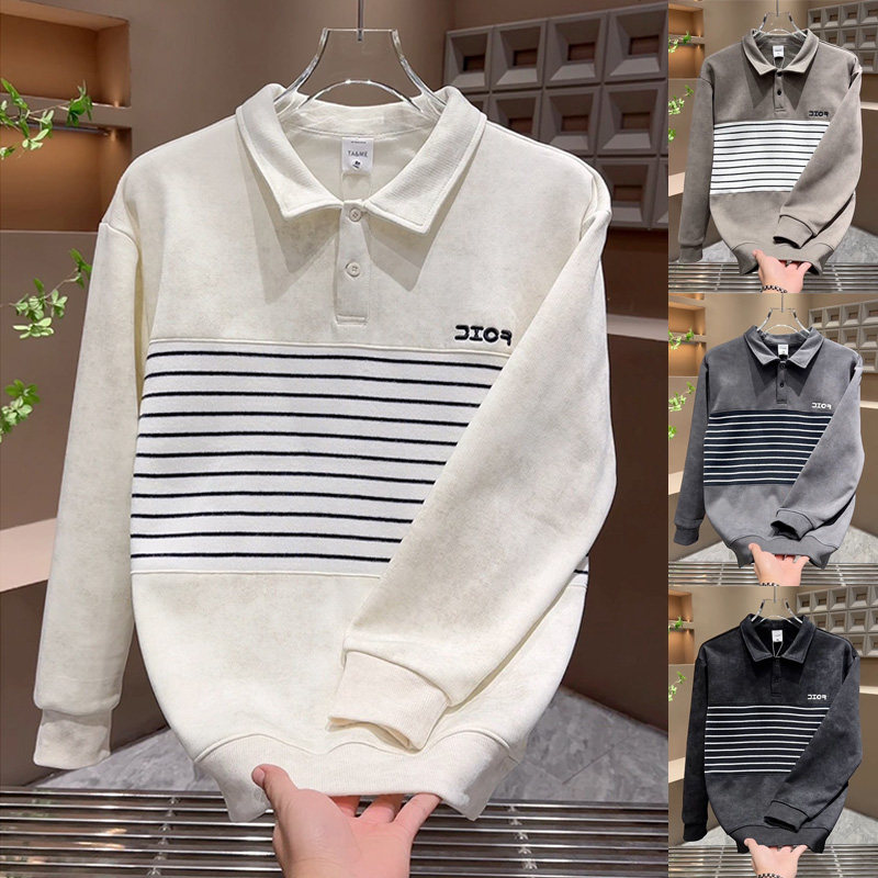 美式潮流个性长袖加绒气质卫衣休闲撞色打底条纹拼接翻领男polo衫